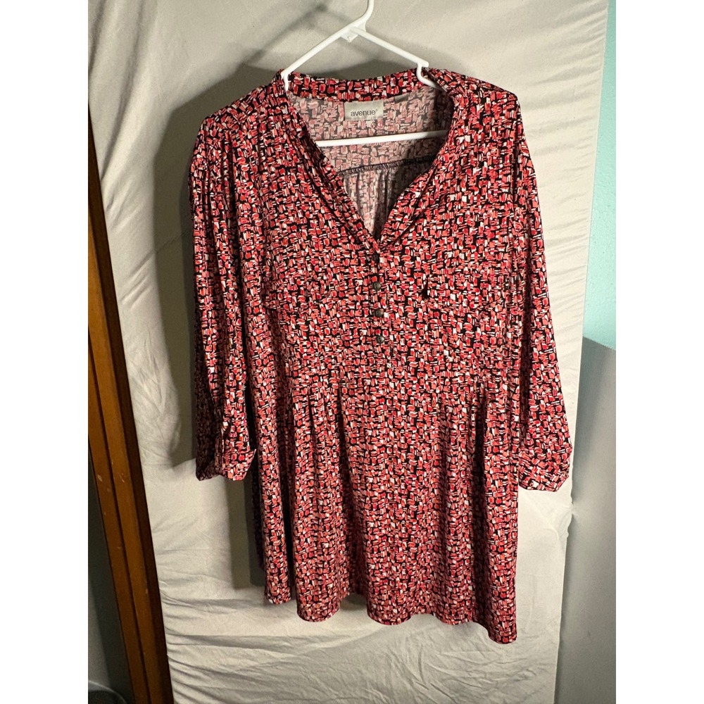 Avenue Womens Plus Size 30/32 Red Abstract Mosaic Henley Tunic Blouse Top 138